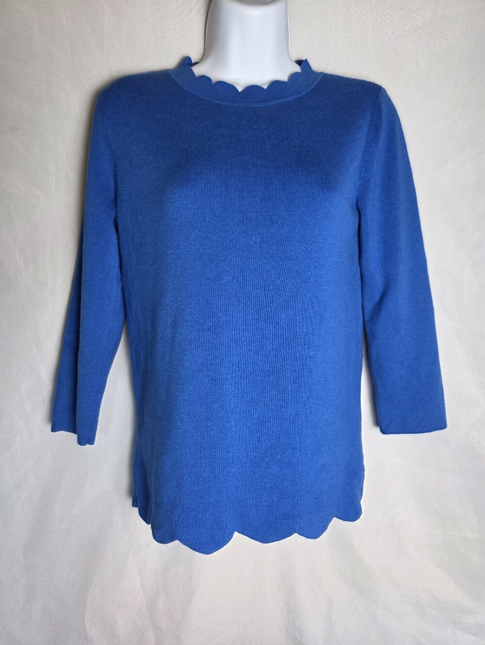 Halogen Royal Blue Scalloped Crew Neck Sweater 3/4 Sleeve Women's Size Small